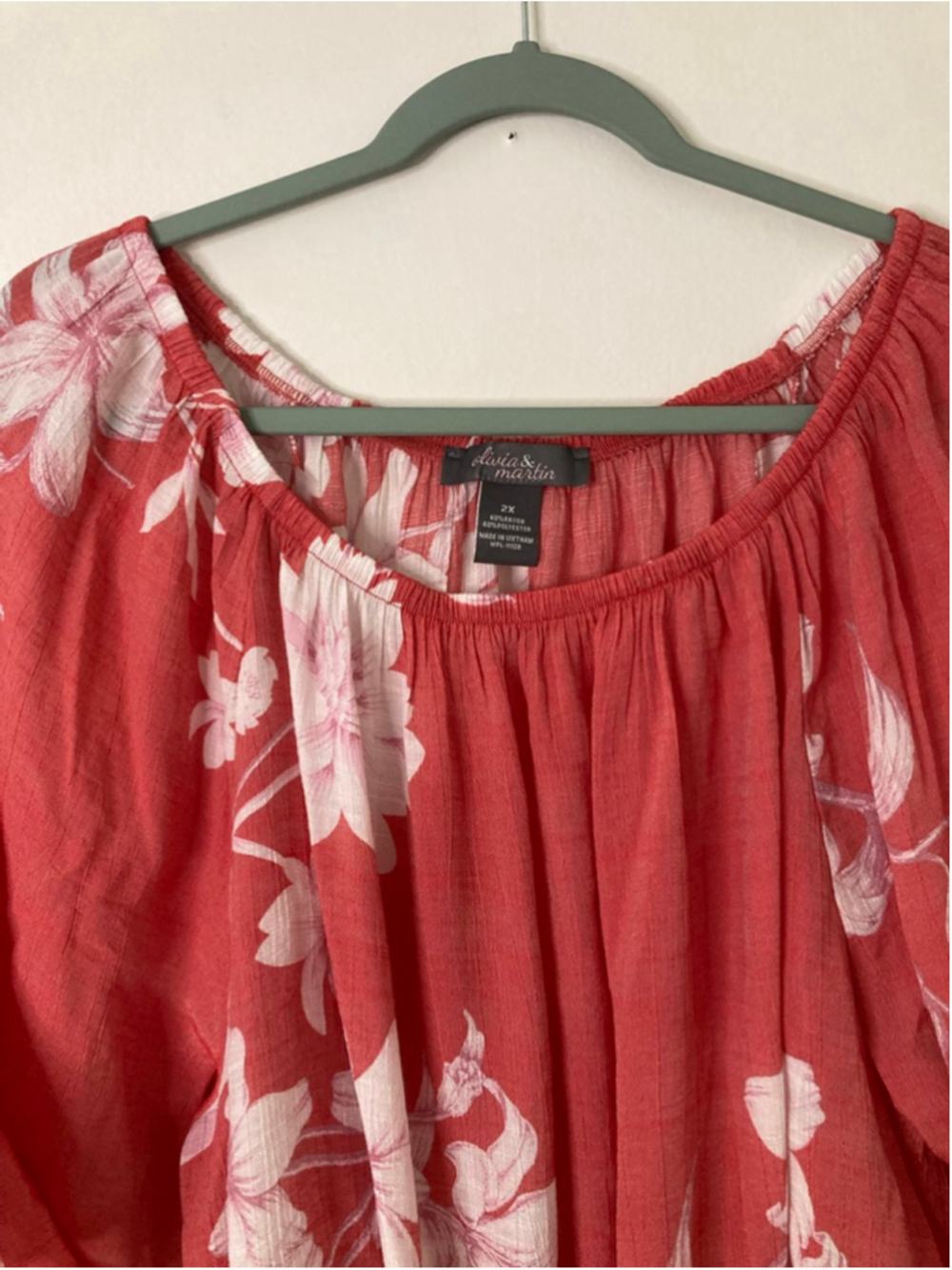 Olivia & Martin Coral White Floral Off-Shoulder Boho Ruffle Blouse Tie-Hem 2X - Picture 8 of 9